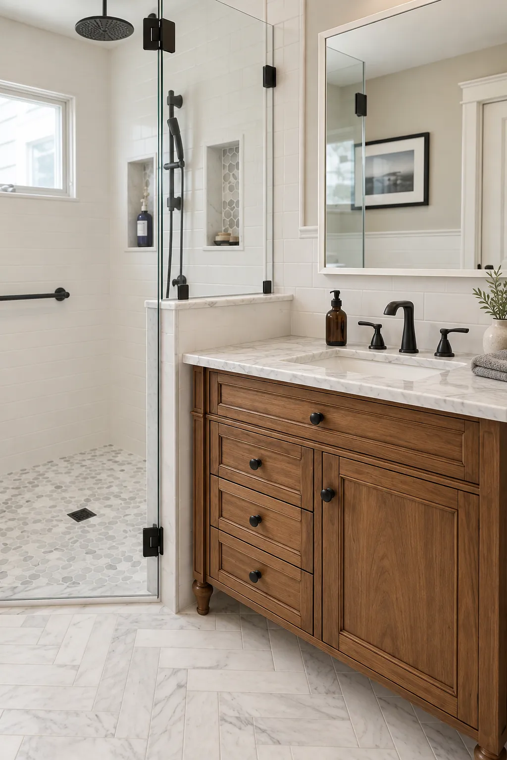 Bathroom with a fitted wood vanity, marble top and a glass corner shower
