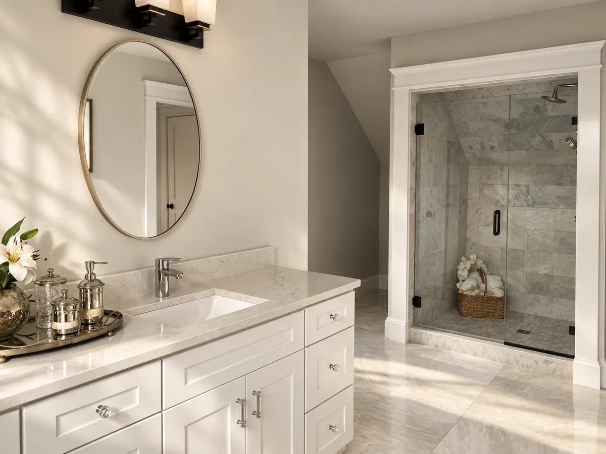 Bathroom with a fitted white shaker vanity, stone top and a marble-walled shower