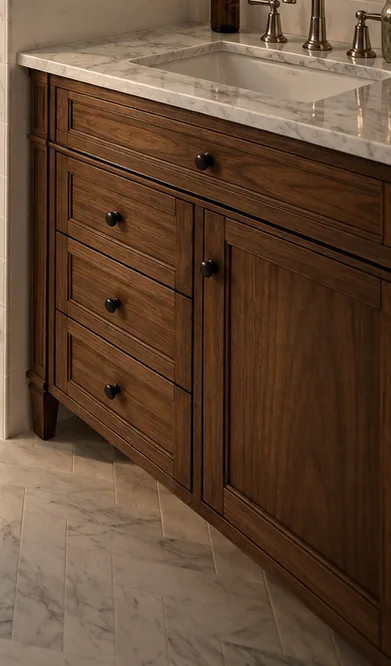 Fitted walnut bathroom vanity with a marble top