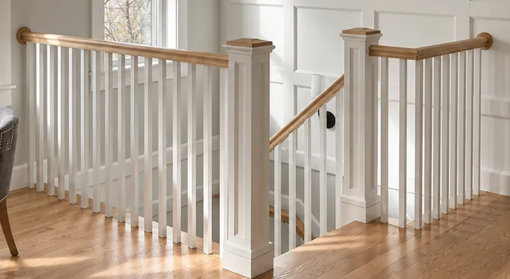 Close view where the staircase meets fitted panel millwork at a landing