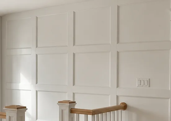 Grid wall panel millwork meeting at the corners