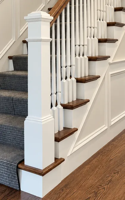 Paneled newel post and turned balusters at the foot of a staircase