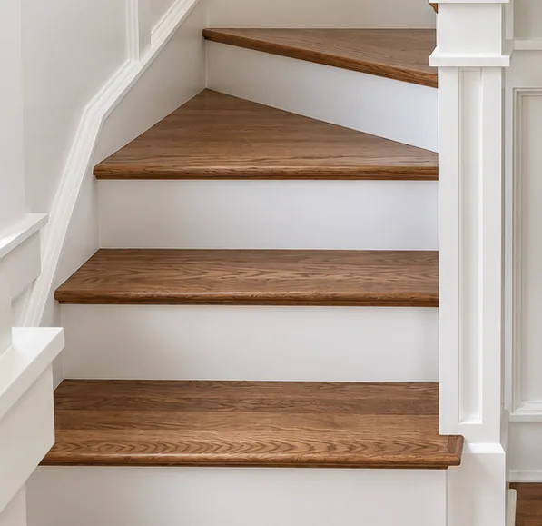 Oak winder treads and white risers at the turn of a staircase