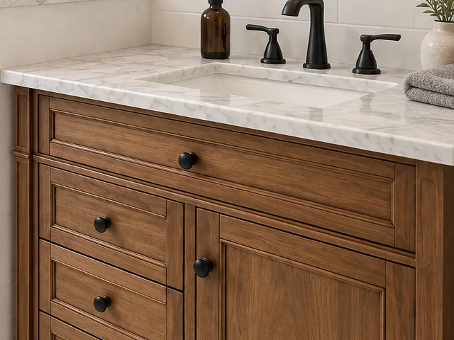 Marble vanity top meeting a dark wood cabinet