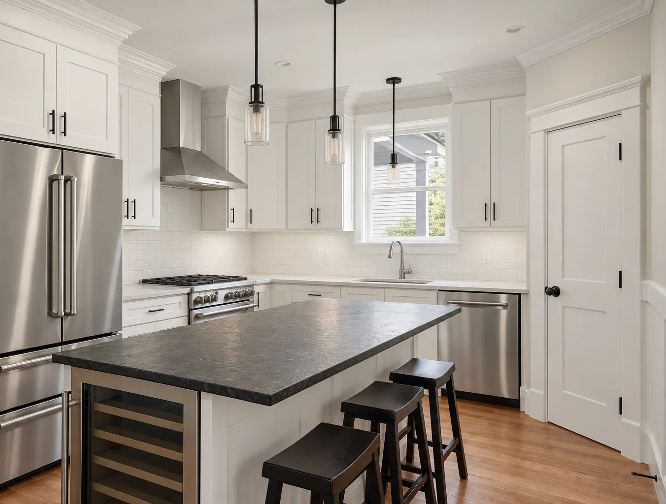 Kitchen island with a dark stone top and bar seating, white shaker cabinetry beyond