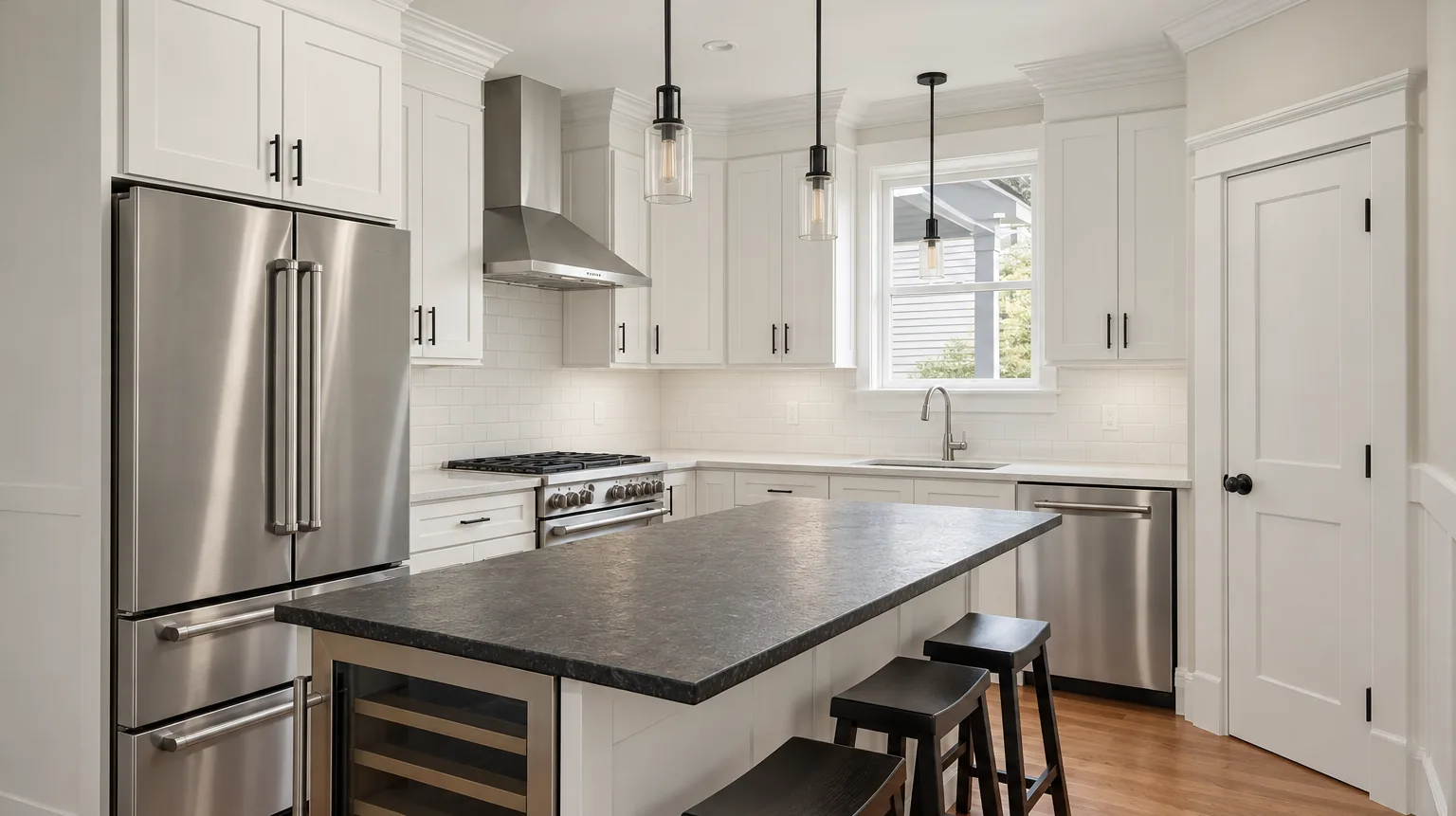 Kitchen with white shaker cabinetry, a stone-top island and a fitted wine cabinet