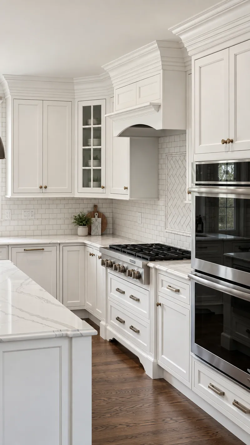 White kitchen cabinetry with a fitted hood surround, range and wall ovens