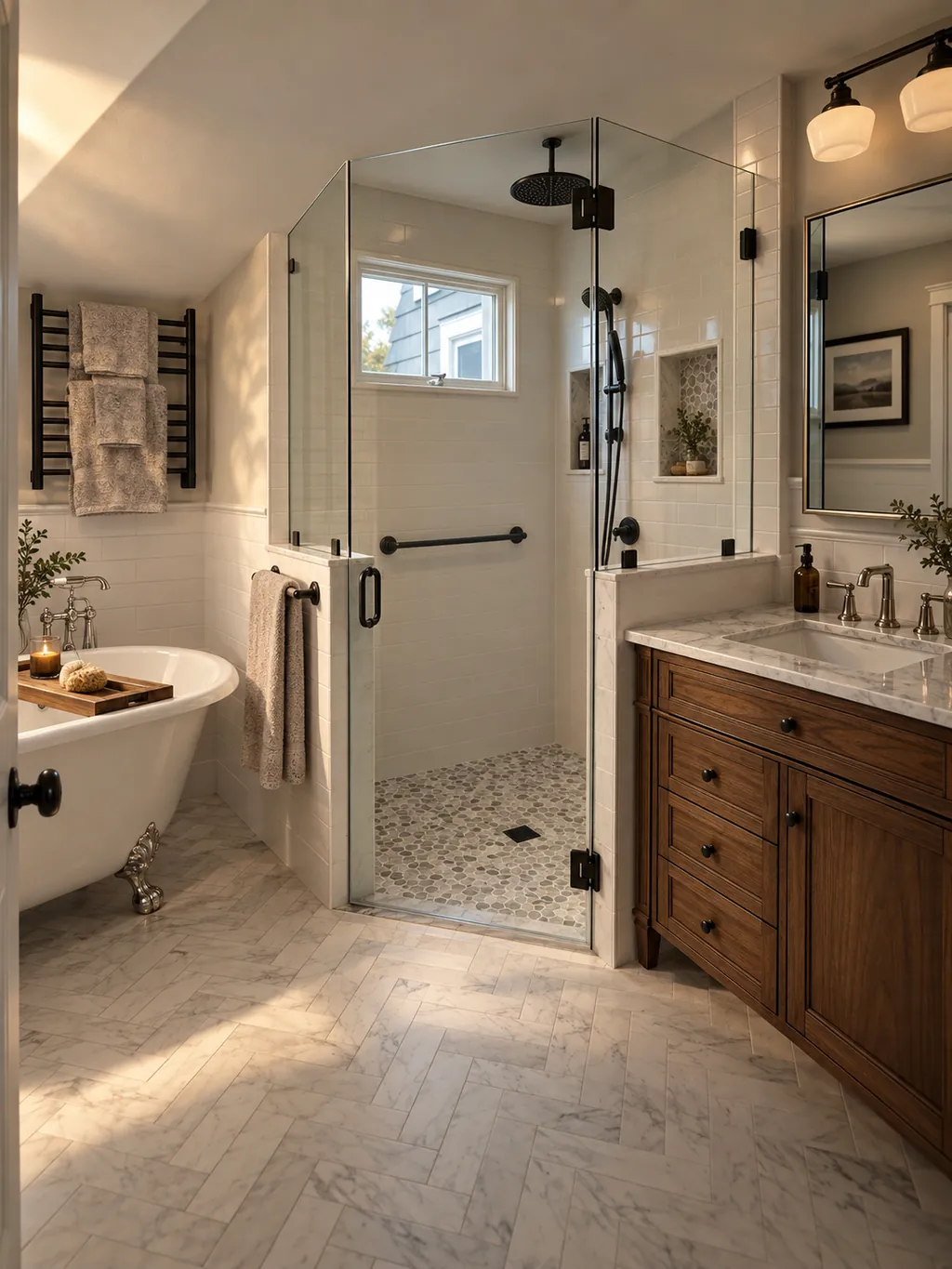 Bathroom with a fitted walnut vanity, marble top, a glass shower and a freestanding tub