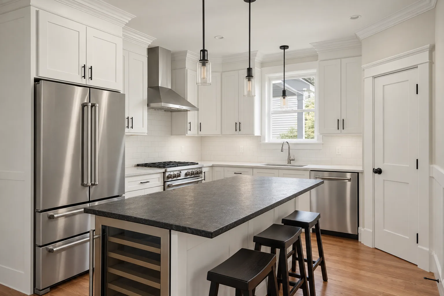 Kitchen with white cabinetry, a stone-top island with seating and a fitted wine cabinet