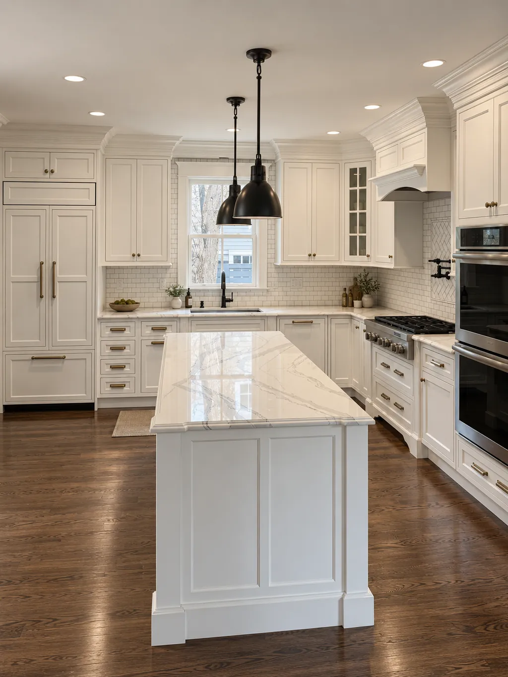 White custom kitchen cabinetry with a marble-top island, paneled refrigerator surround and a fitted range hood