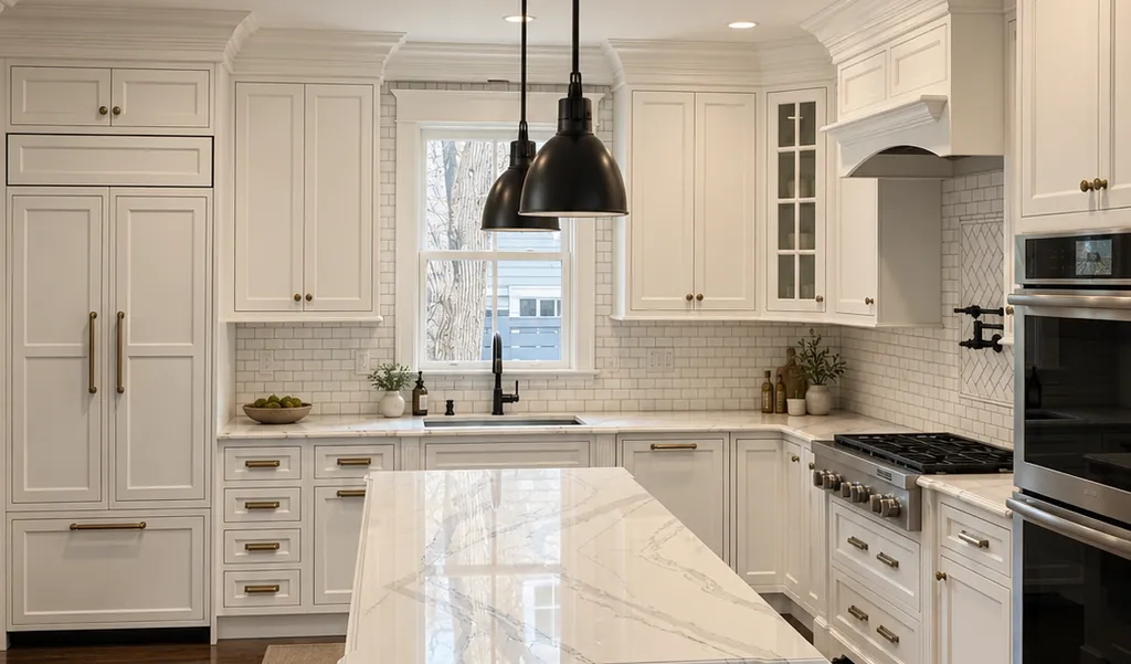 White custom kitchen cabinetry running the length of the room, with a marble-top island