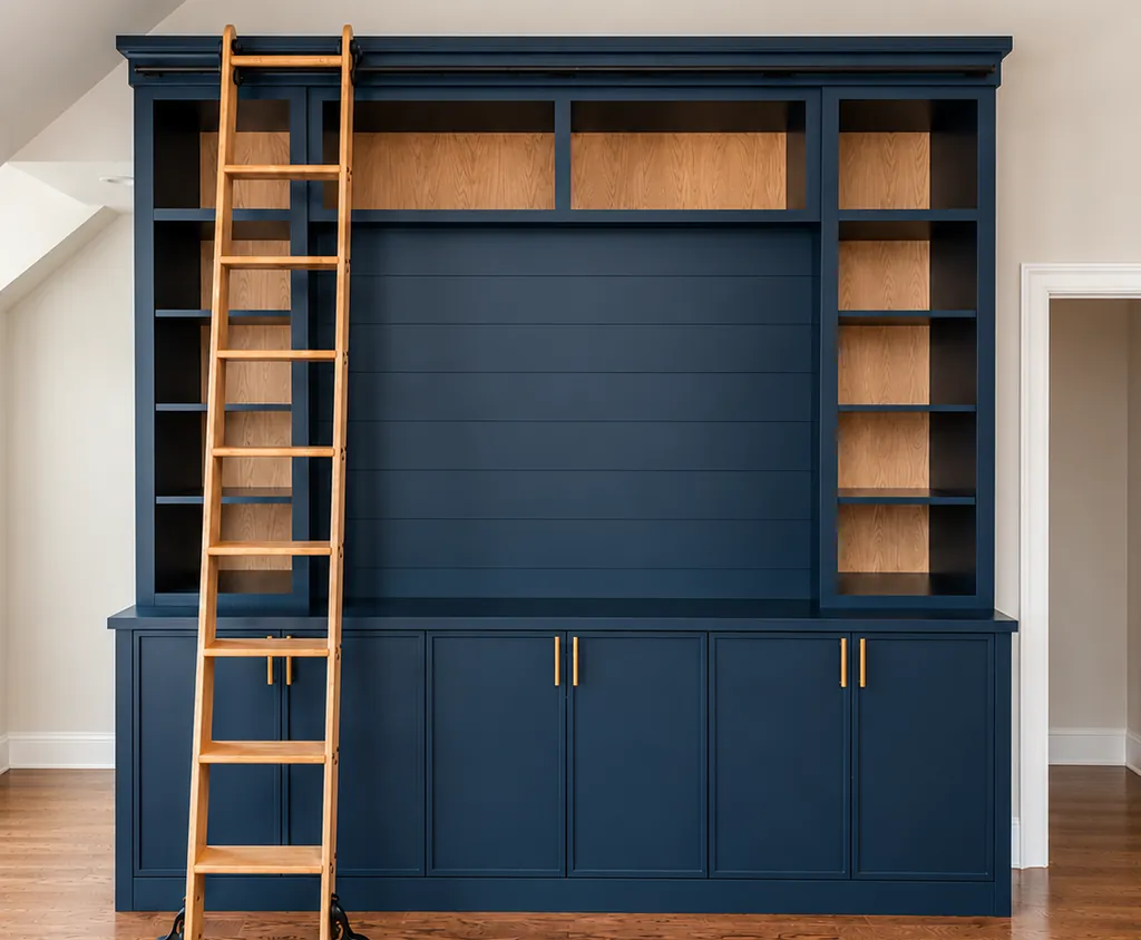 Built-in media wall in navy painted cabinetry with a shiplap center, open shelves and an oak library ladder