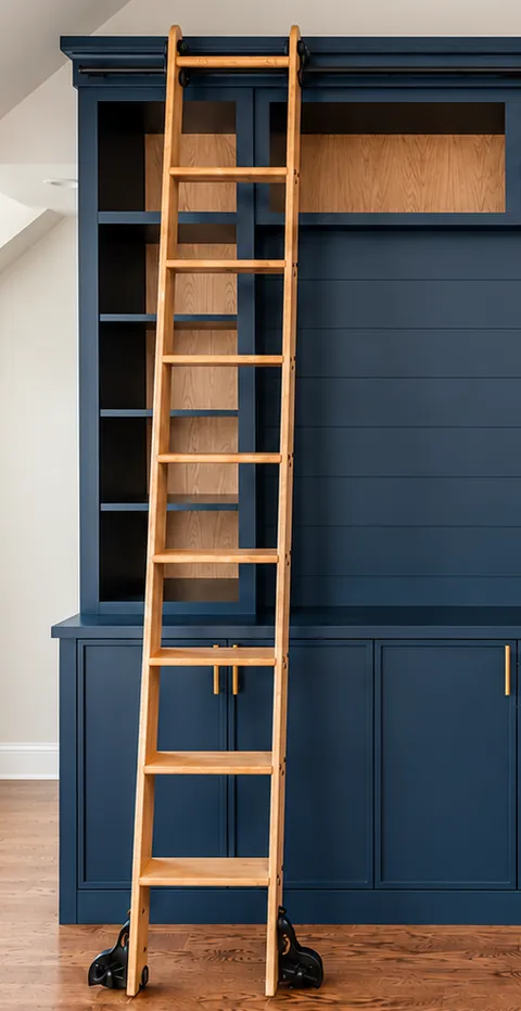 Navy built-in shelving beside an oak library ladder