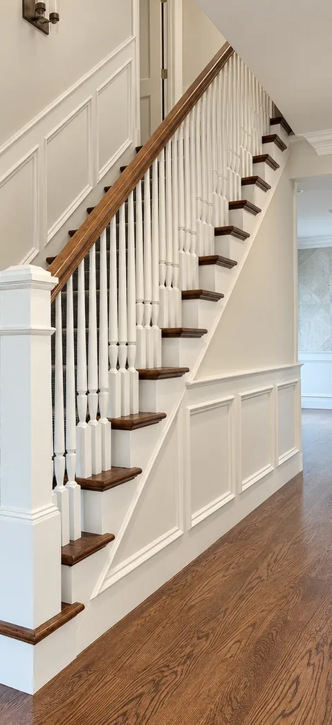 Turned balusters and an oak handrail following the staircase up
