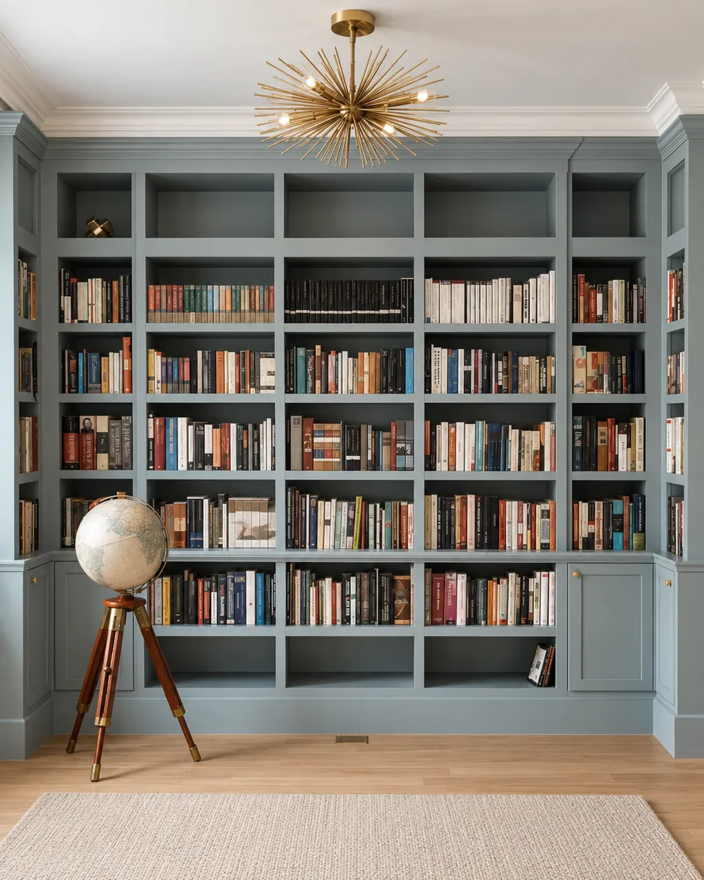 Wall-to-wall built-in library in painted blue-grey cabinetry, open shelves above shaker base doors