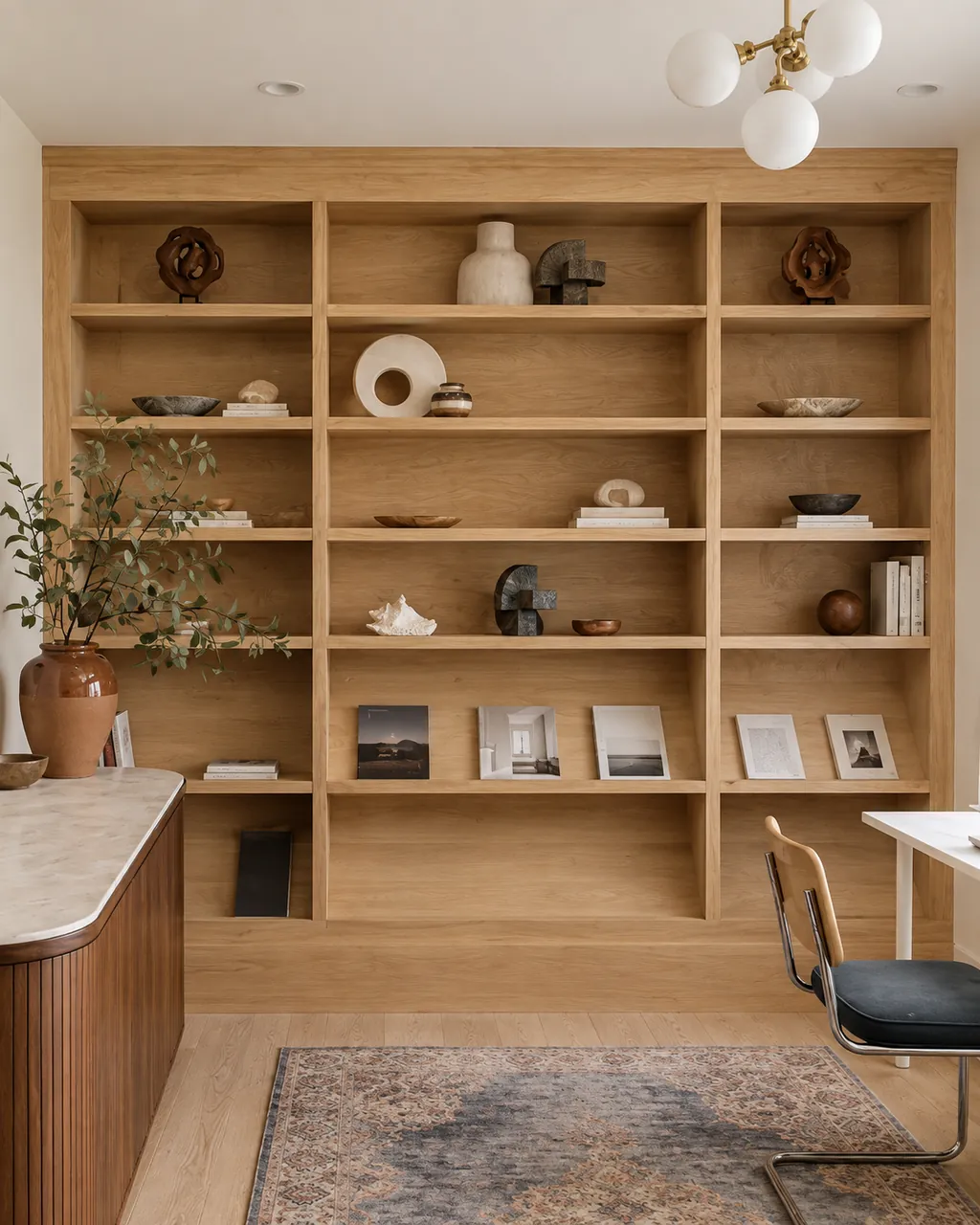 Floor-to-ceiling built-in bookcase in natural wood in a home office