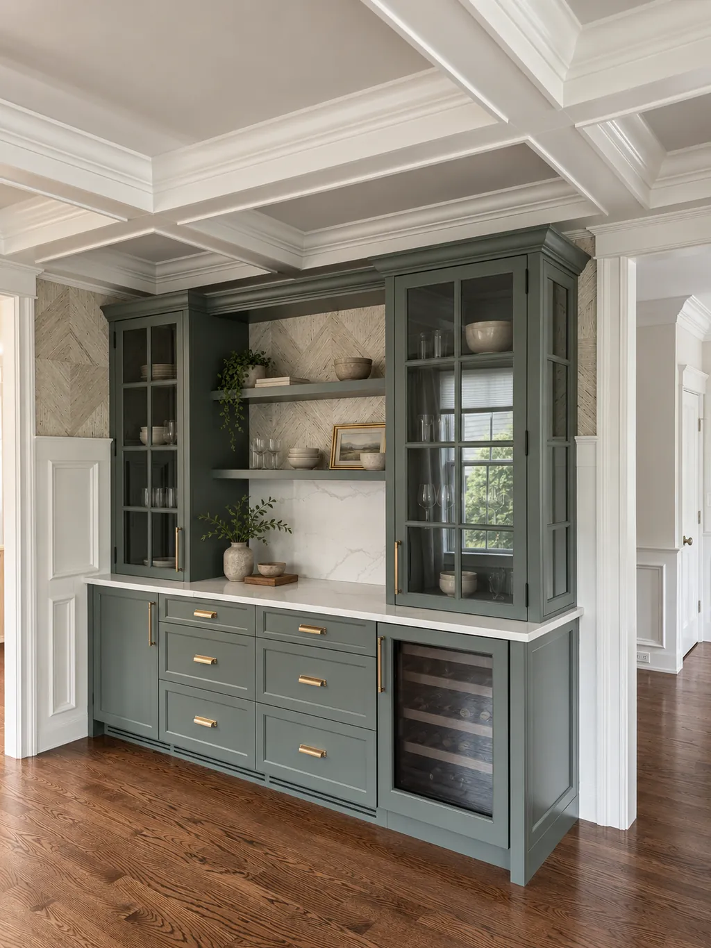 Built-in pantry cabinet in green painted millwork with glass doors, open shelving and brass hardware, set under a coffered ceiling