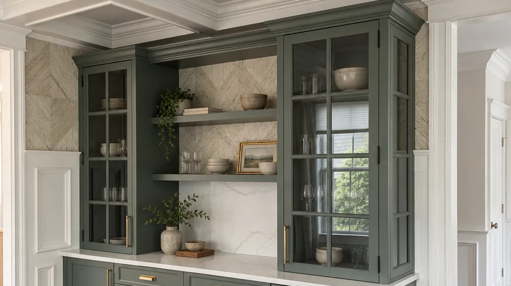 Built-in pantry cabinet in green painted millwork with glass doors and open shelving, fitted between two walls